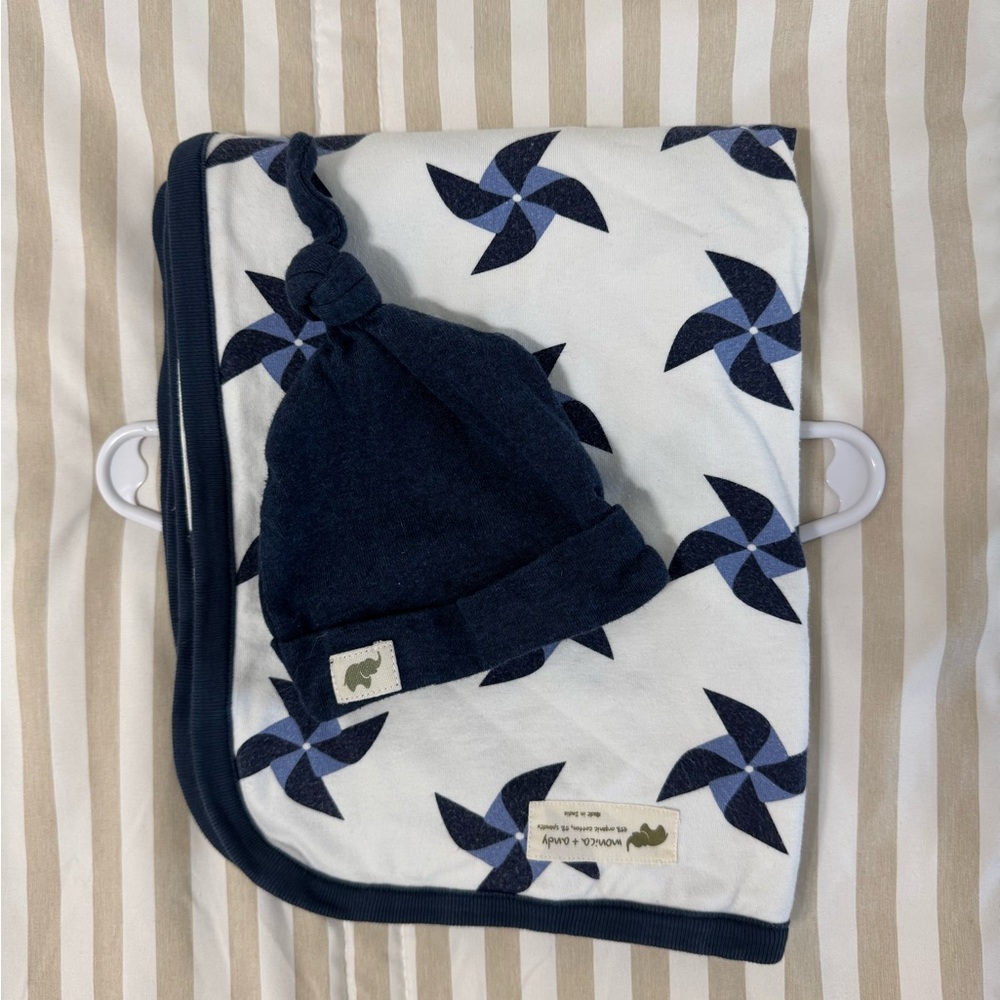 Monica + Andy Navy Baby Hat and Pinwheel Receiving Blanket Set